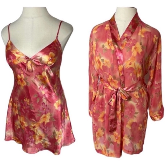 Vintage Other - Sophia Nighty Robe Set Floral Coral Peach Orange Yellow Silky Satin Vintage 80s